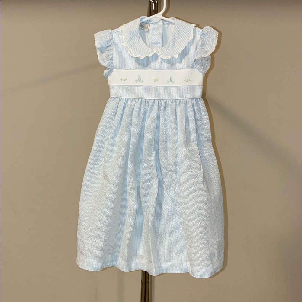 Morelli Girls' Seersucker Light Blue Striped Smocked Dress with Peter Pan Collar